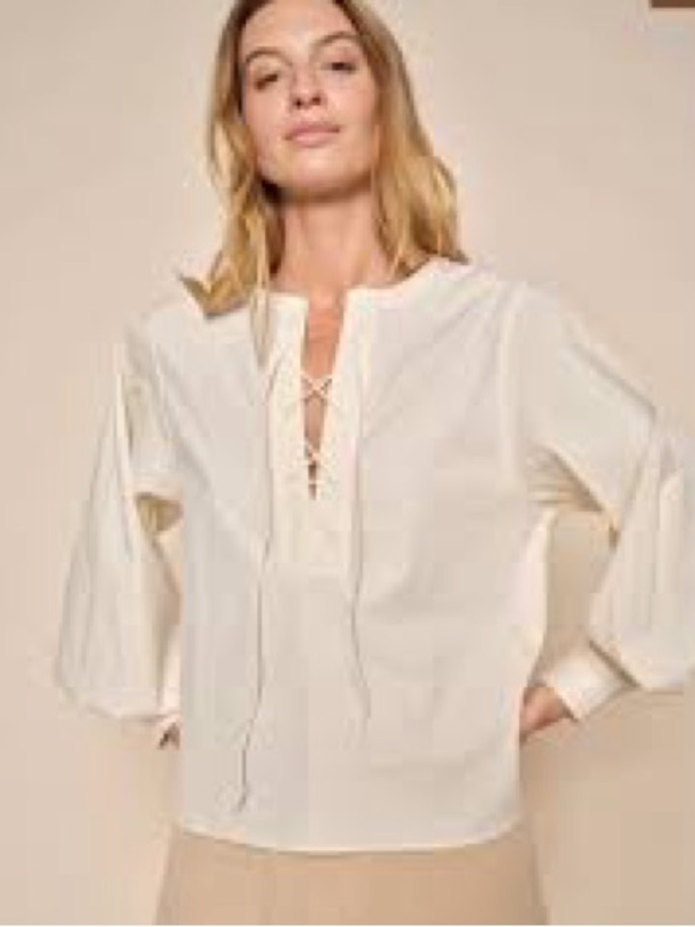 Mos Mosh L Lace-Up Cream Peasant Blouse Balloon Sleeve Quiet Luxury Scandinavian
